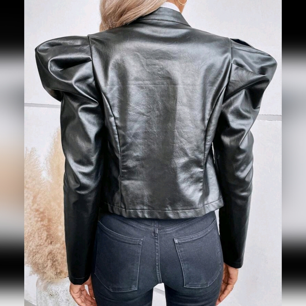 Gigot Sleeve Double Breasted PU Leather Jacket - Picture 6 of 6